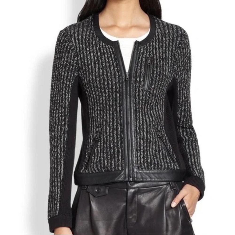 Rag & Bone Black Paula Herringbone Knit Leather Trim Jacket large